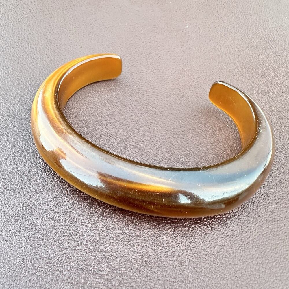 Vintage Lucite Tiger's Eye Cuff Bangle Bracelet Brown Amber Iridescent Swirl